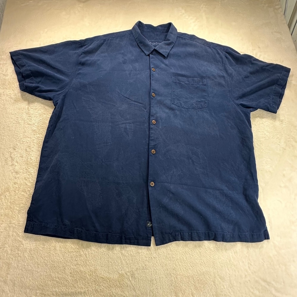 Tommy Bahama Mens XXL Navy Blue 100% Silk Tropical Jacquard Camp Shirt T37373
